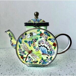 Signed Kelvin Chen Cloisonné Enamel Mini Teapot Butterfly & Dragonfly Design COA